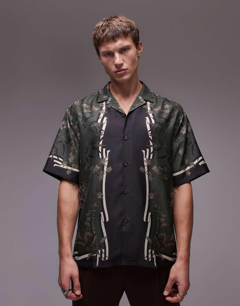 Topman short sleeve satin printed shirt in dark green Product Image
