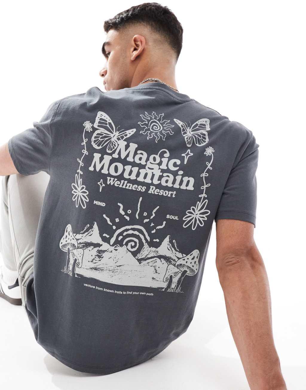 ASOS DESIGN relaxed t-shirt with mountain scene back print in charcoal Product Image
