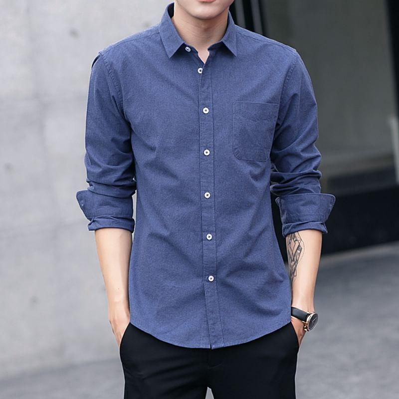 Collared Plain Button Down Shirt Product Image