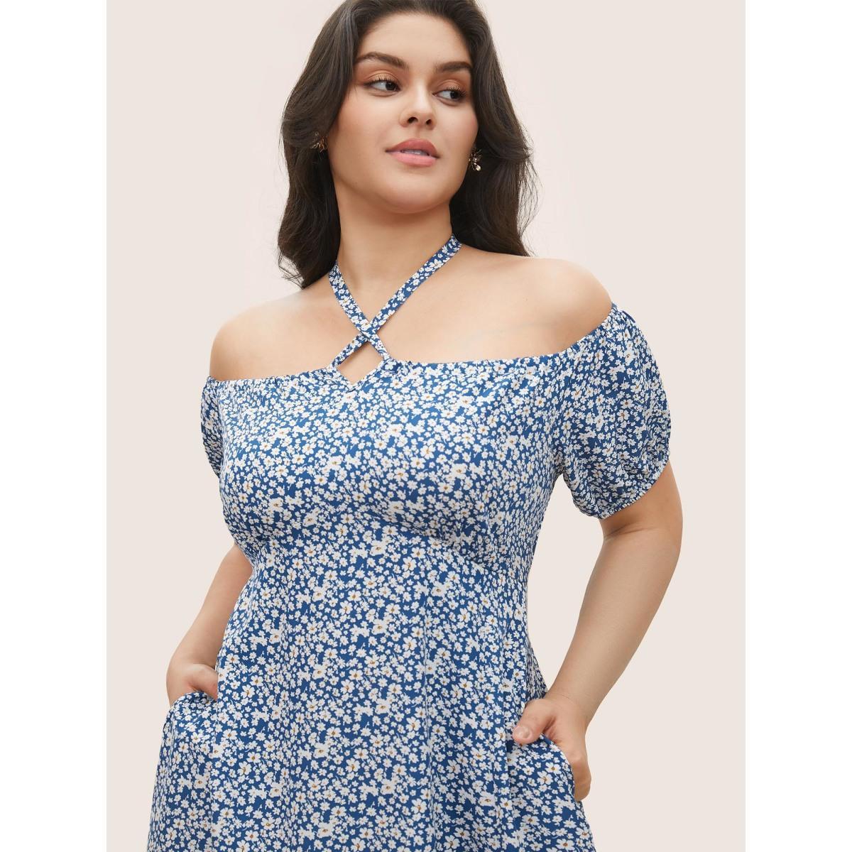 Plus Size Ditsy Floral One Shoulder Neck Cross Straps Dress Blue Women Elegant Non One-shoulder neck Short sleeve Curvy Midi Dress BloomChic 18-20/2X Product Image