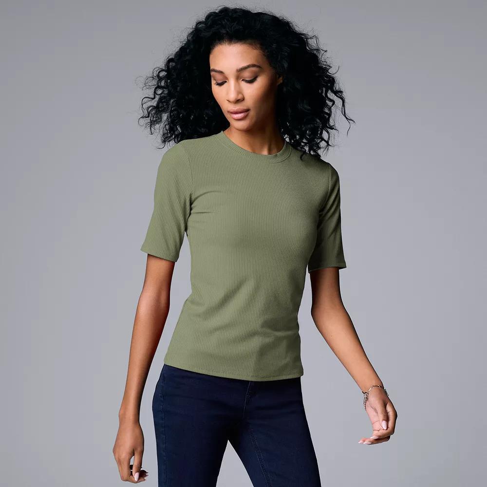 Women's Simply Vera Vera Wang Ribbed Fitted Elbow Sleeve Tee, Size: Small, Autumn Fern Product Image