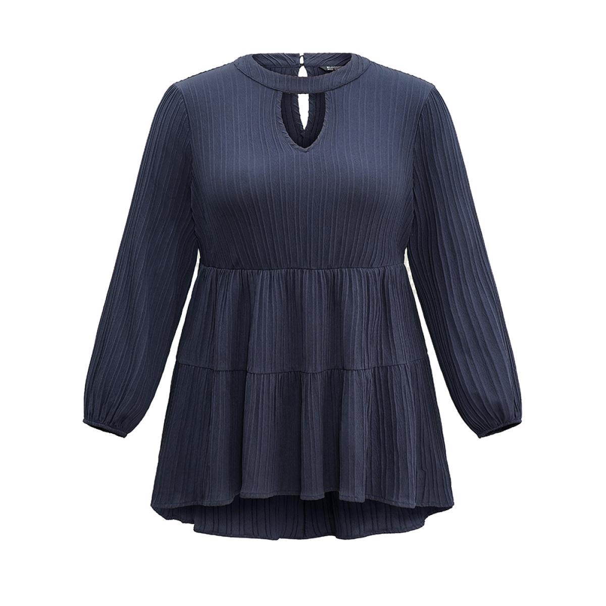 Plus Size Indigo Keyhole Textured Lantern Sleeve Layered Hem Blouse Women Casual Long Sleeve Keyhole Cut-Out Dailywear Blouses BloomChic 22-24/3X Product Image