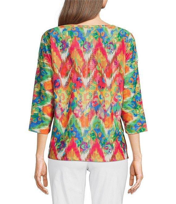 Ali Miles Textured Knit Eyelet Abstract Leopard Scoop Neck 3/4 Dolman Sleeve Top Product Image