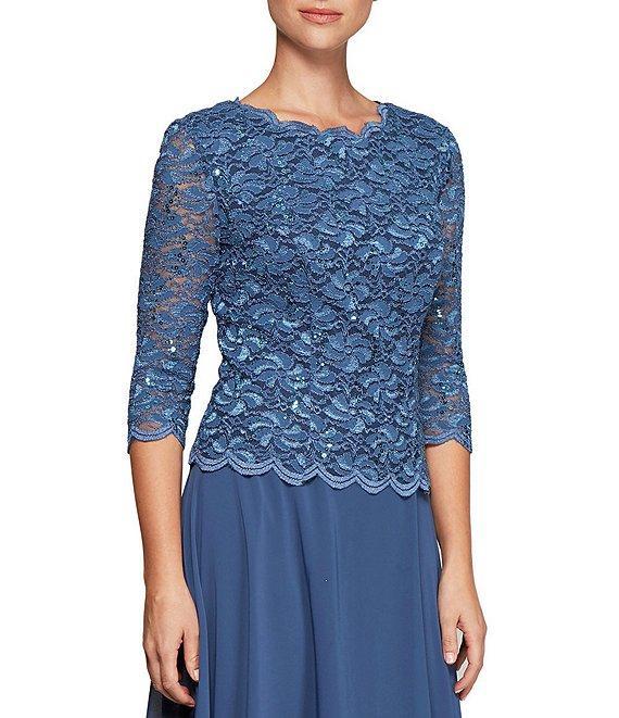 Alex Evenings Petite Size Scalloped Round Neck Sequin Lace Bodice 3/4 Sleeve Chiffon Skirted Tea Length Dress Product Image