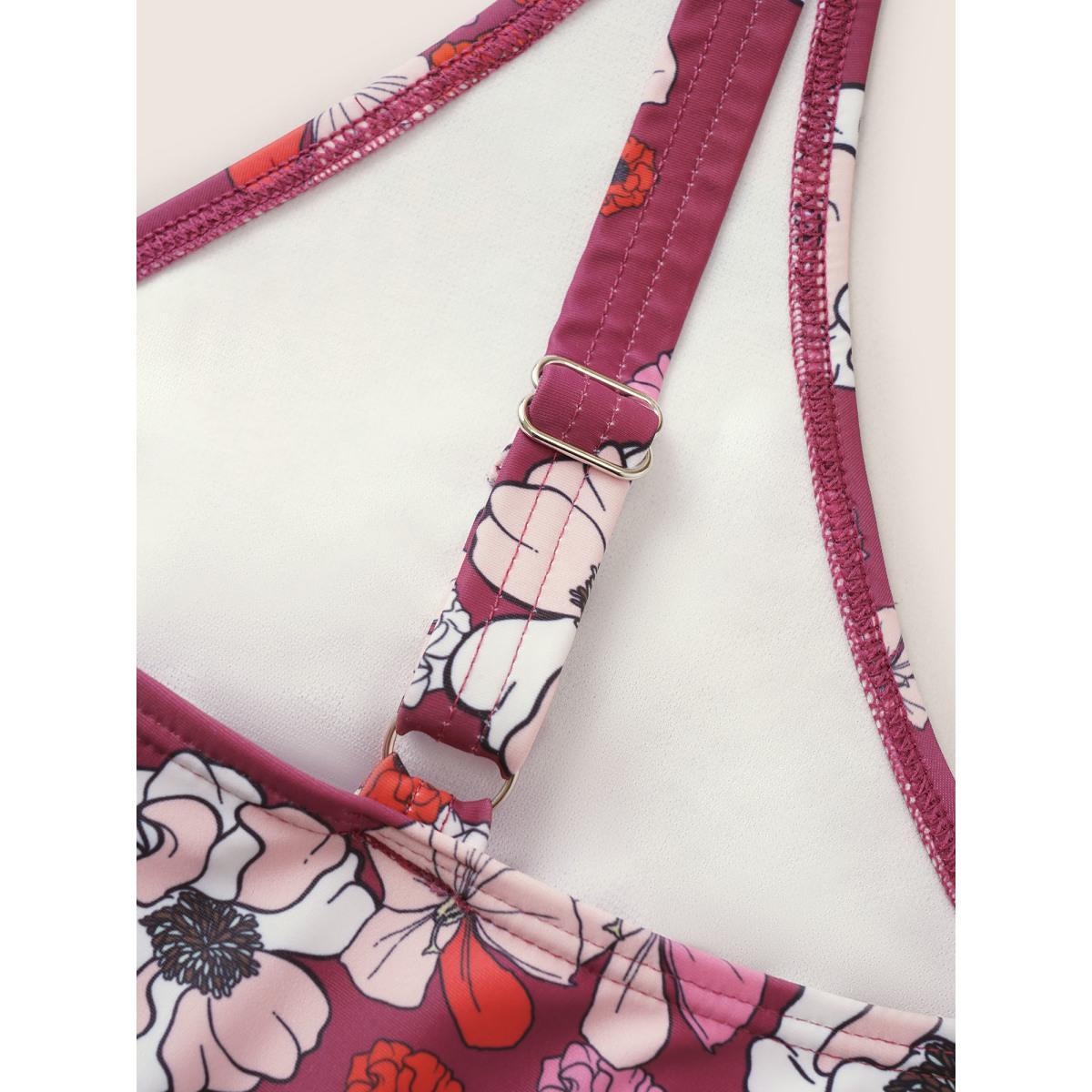 Plus Size Ditsy Floral Bowknot Flutter Layered Hem Swim Top Women's Swimwear RedViolet Beach Non High stretch Bodycon V-neck Curve Swim Tops BloomChic 22-24/3X Product Image