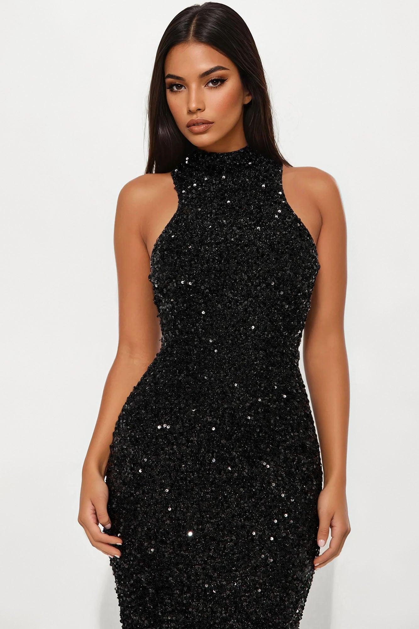 Zoey Feathered Sequin Gown - Black Product Image