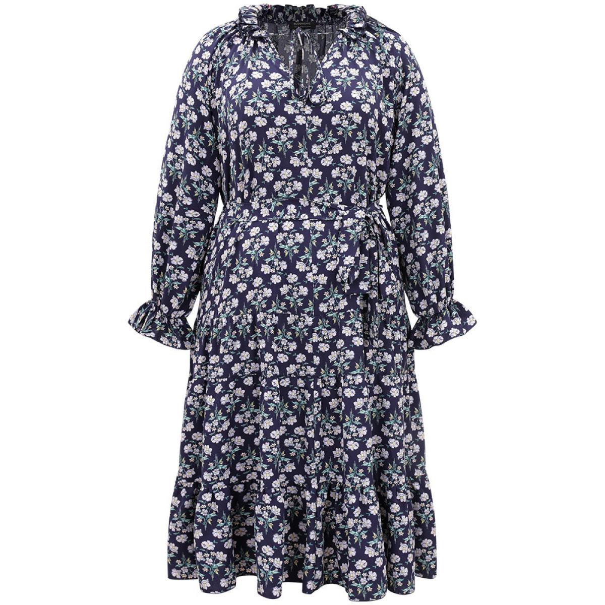 Plus Size Ditsy Floral Pocket Tie Neck Frill Trim Dress Indigo Women Vacation Cross straps Tie Neck Long Sleeve Curvy Midi Dress BloomChic 12/L Product Image
