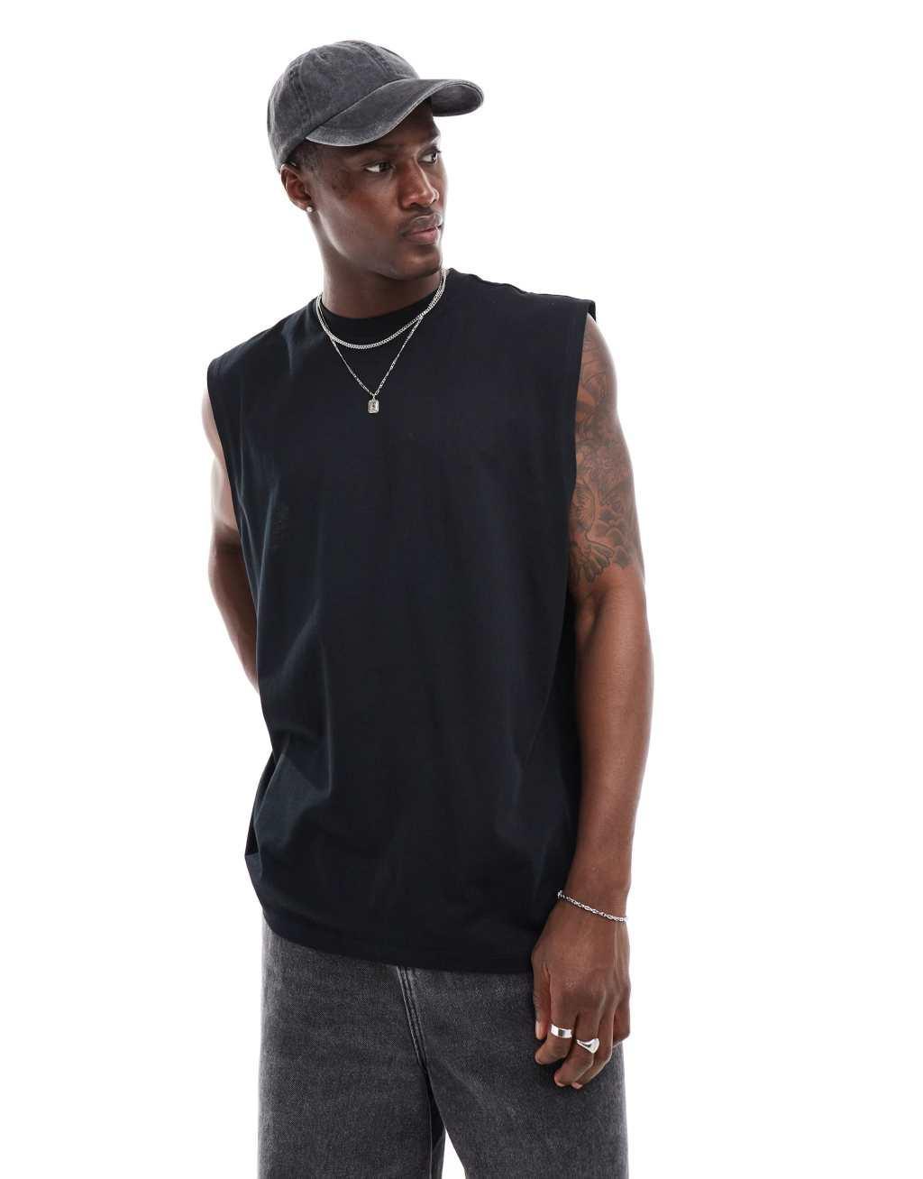 ASOS DESIGN oversized tank top in black with celestial back print Product Image