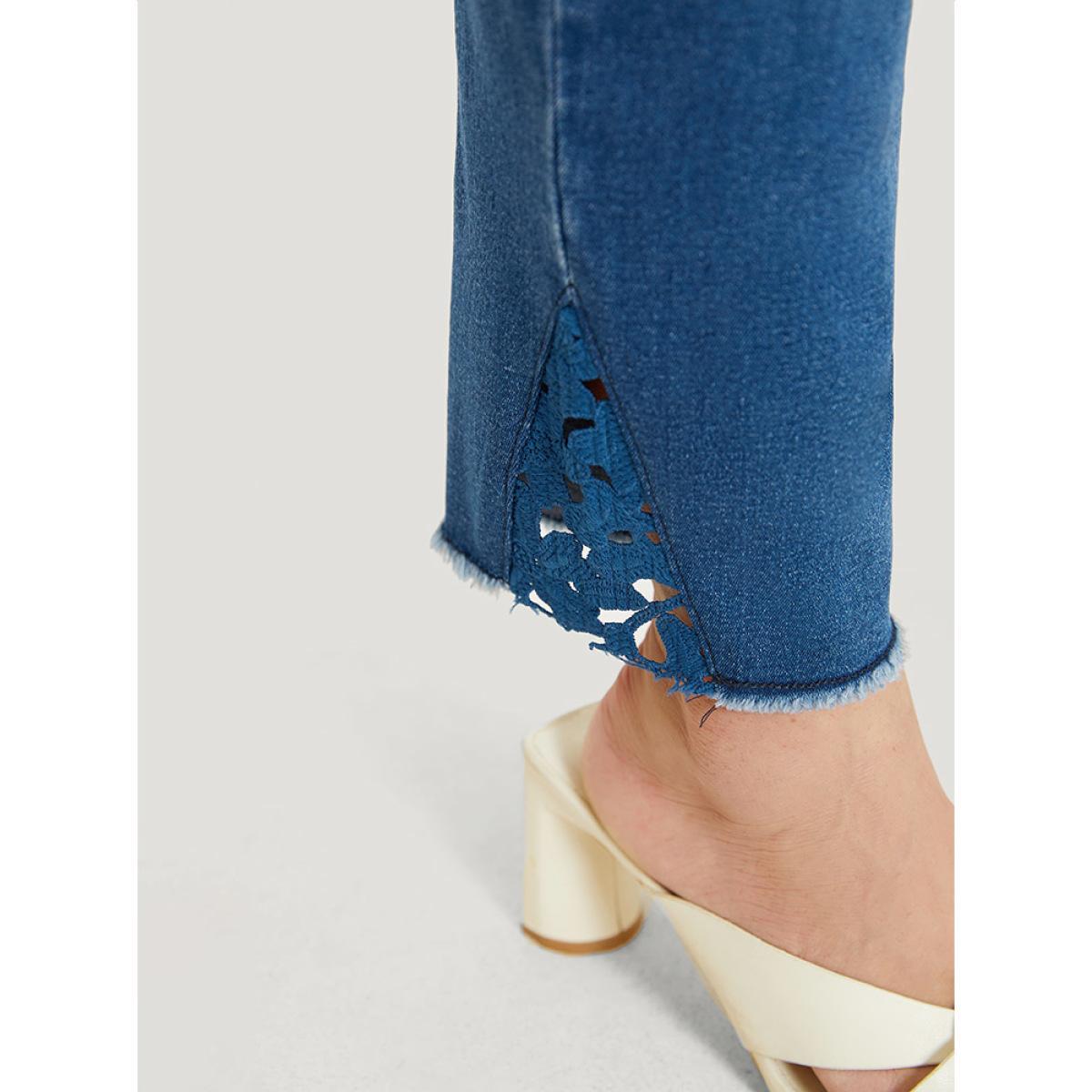 Plus Size Very Stretchy High Rise Medium Wash Lace Insert Raw Hem Jeans Women Indigo Casual Plain Patchwork High stretch Side seam pocket Jeans BloomChic 16/1X Product Image