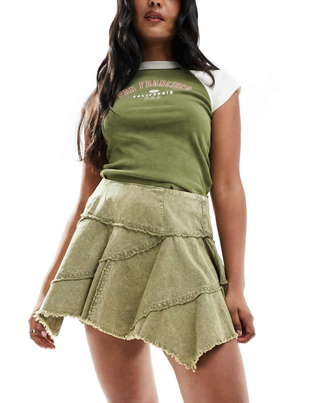 COLLUSION twill acid wash pleated mini skirt in khaki Product Image