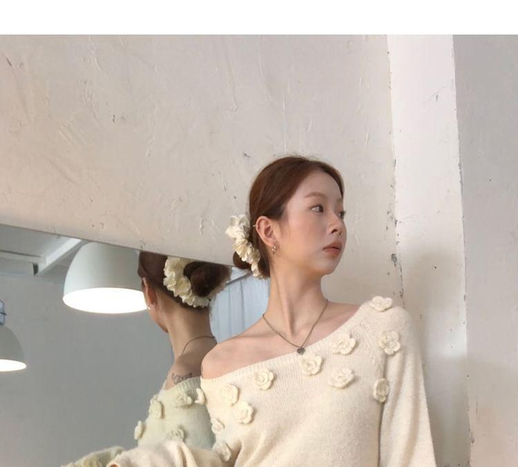One Shoulder Plain Crochet Floral Sweater Product Image