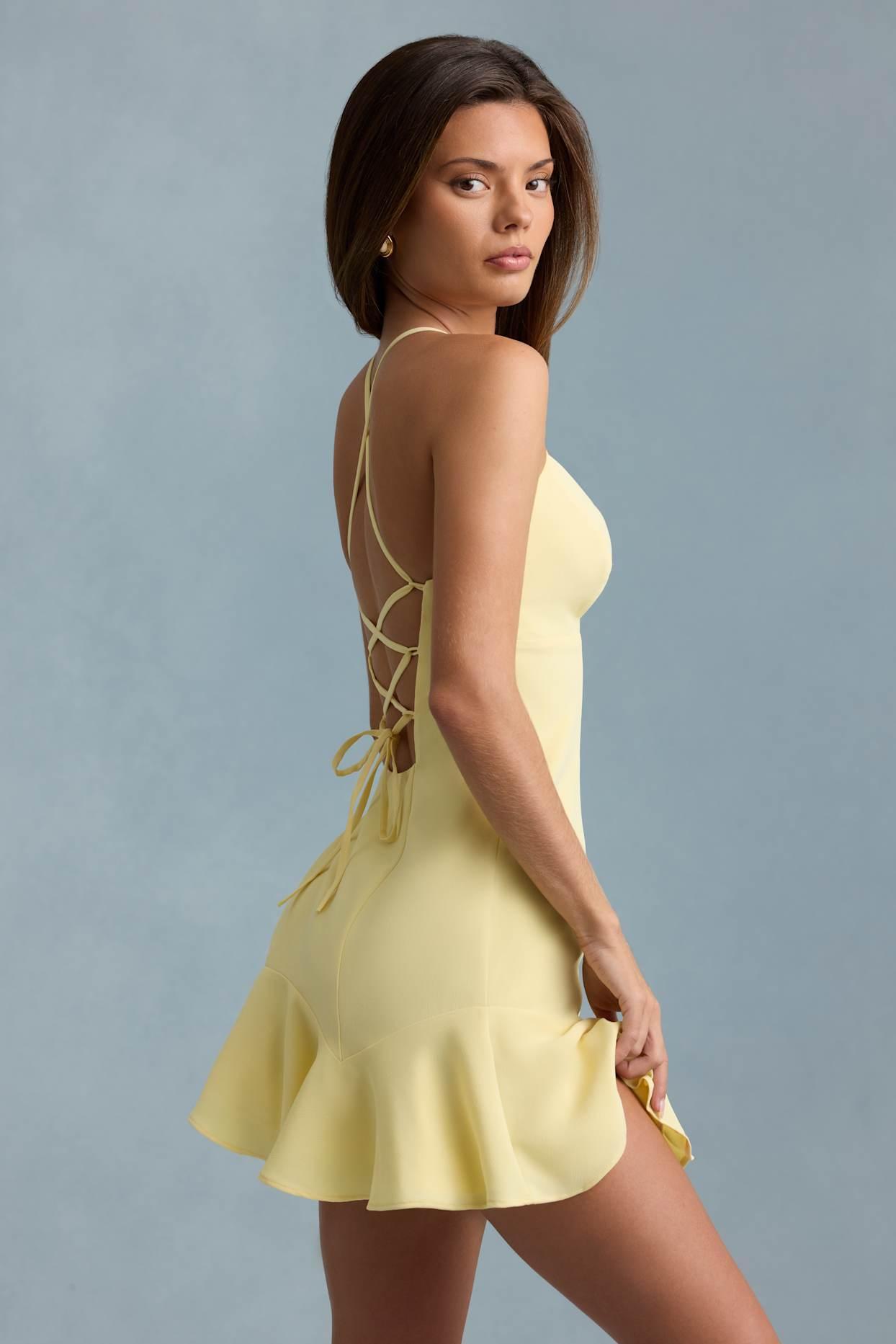 Drop-Waist Lace-Up Mini Dress in Yellow Product Image