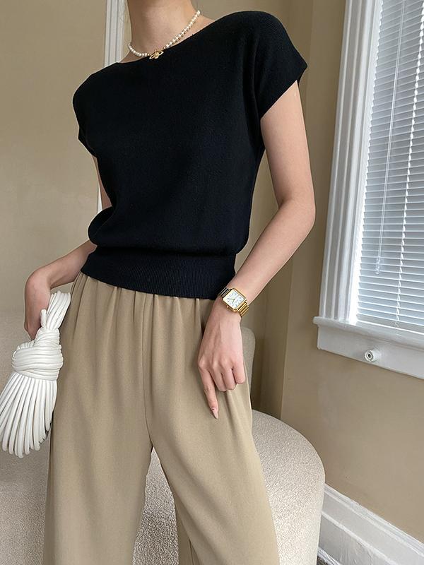 Stylish Loose Solid Color Boat Neck Knitwear Pullovers Tops Product Image