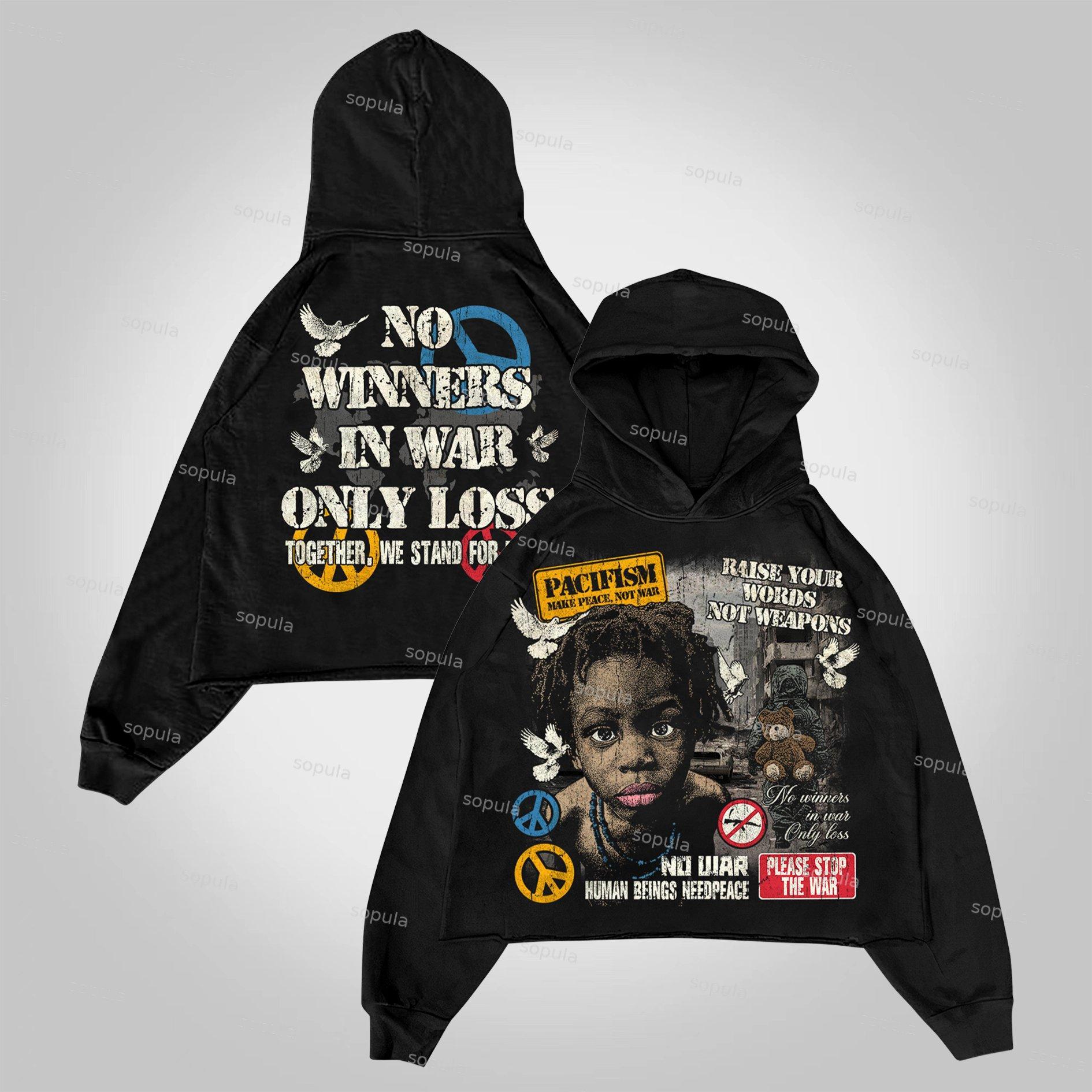 Sopula Human Beings Need Peace, Not War. Vintage Graphics Pocketless Hoodie Product Image