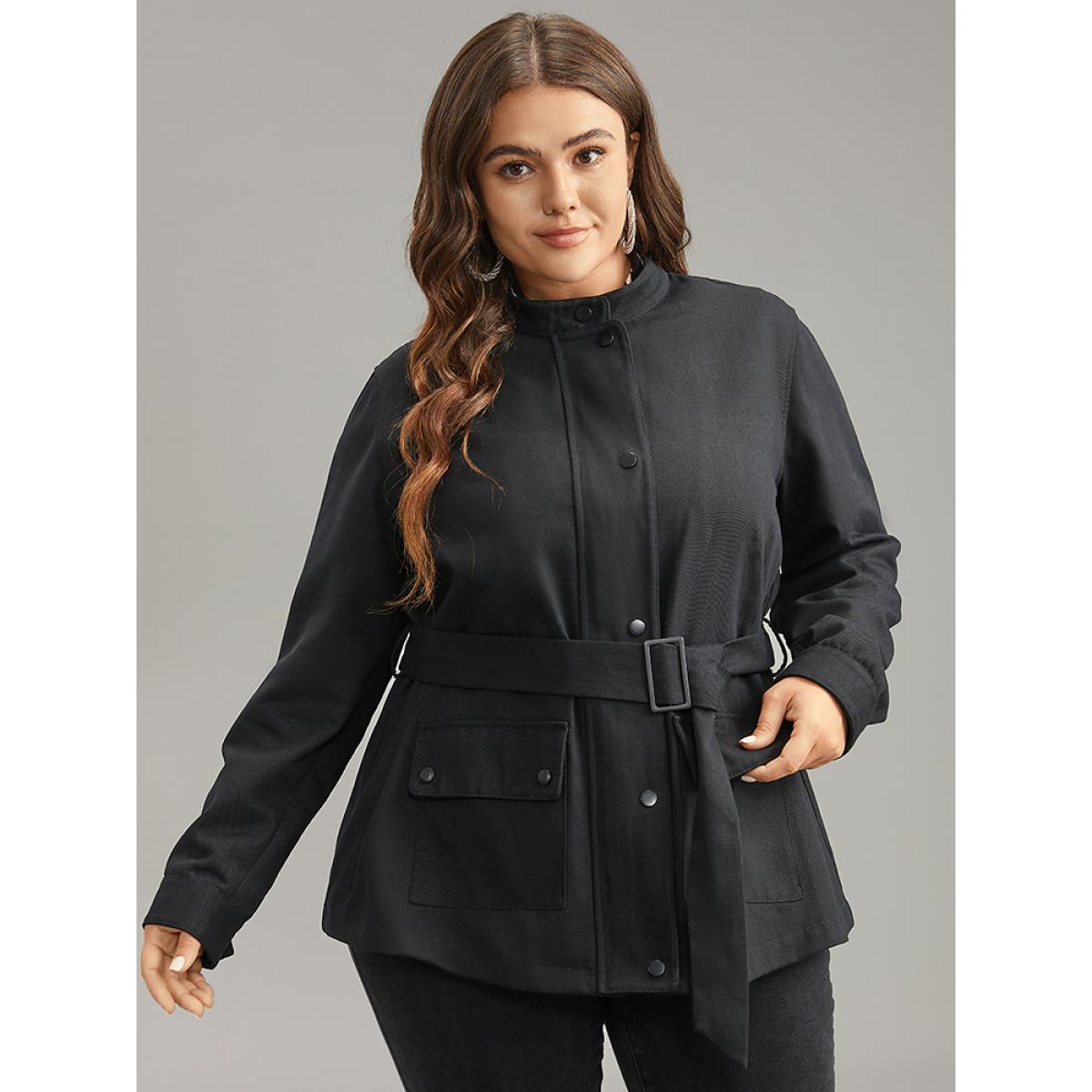 Plus Size Cotton Solid Belted Flap Pocket Coat Women Black Casual Plain Ladies Dailywear Winter Coats BloomChic 26/4X Product Image