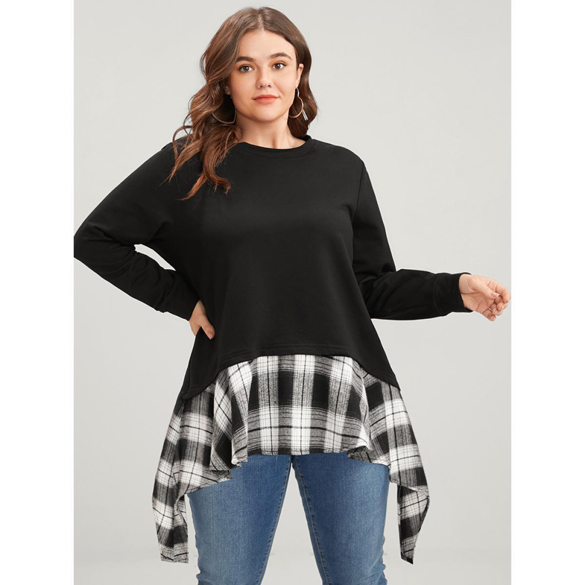 Plus Size Tartan Patchwork Round Neck Asymmetrical Hem Sweatshirt Women Black Elegant Patchwork Round Neck Dailywear Sweatshirts BloomChic 22-24/3X Product Image