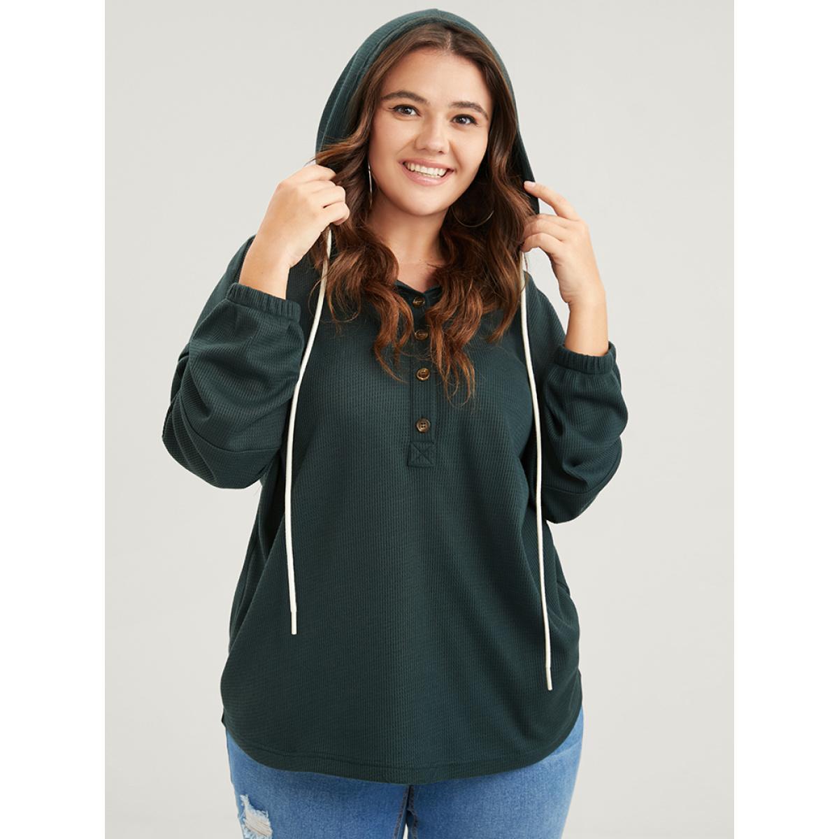 Plus Size Solid Pocket Button Drawstring Waffle Knit Hooded Sweatshirt Women Green Casual Drawstring Loose Hooded Dailywear Sweatshirts BloomChic 28/5X Product Image