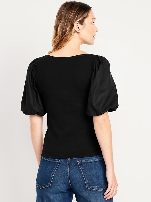 Puff-Sleeve Mixed Fabric Top Product Image