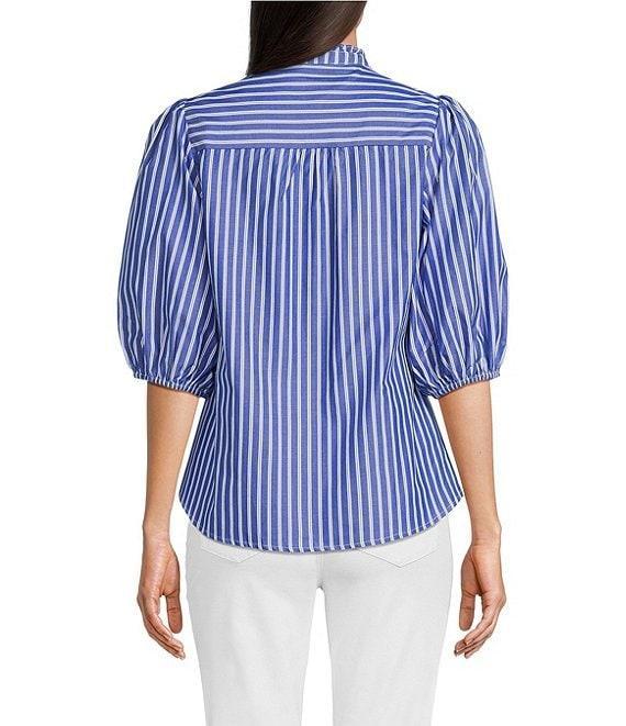 Calessa Embroidered Stripe High Ruffle Split V-Neck Elbow Sleeve Button Front Tunic Product Image