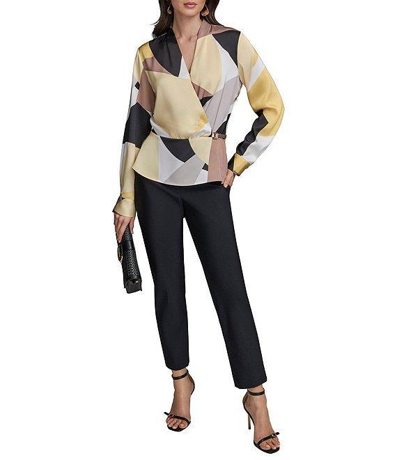 Donna Karan V-Neck, Long Sleeve Woven Print Faux Wrap Blouse Product Image