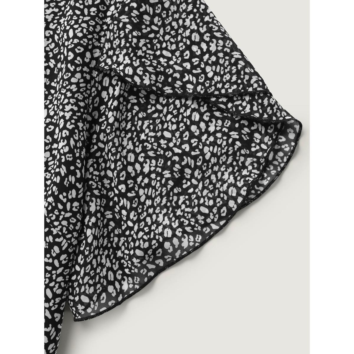 Plus Size Black Leopard Print Petal Layered Sleeve Blouse Women Short sleeve Notched collar Work Blouses BloomChic 22-24/3X Product Image