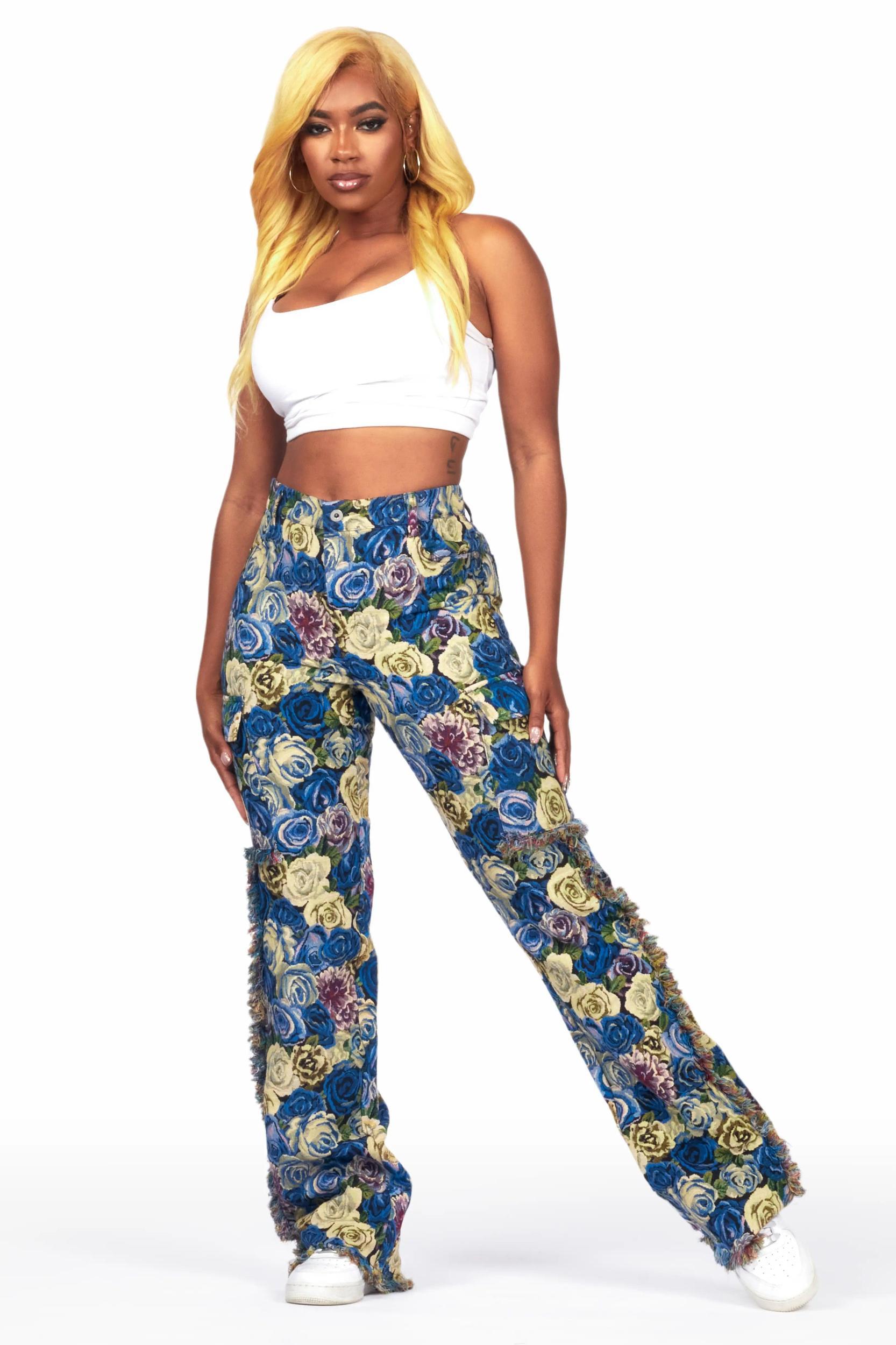Darresha Blue Floral Tapestry Stacked Pant Female Product Image