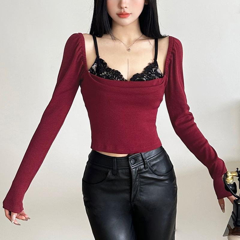 Long-Sleeve Square Neck Plain Crop Top Product Image