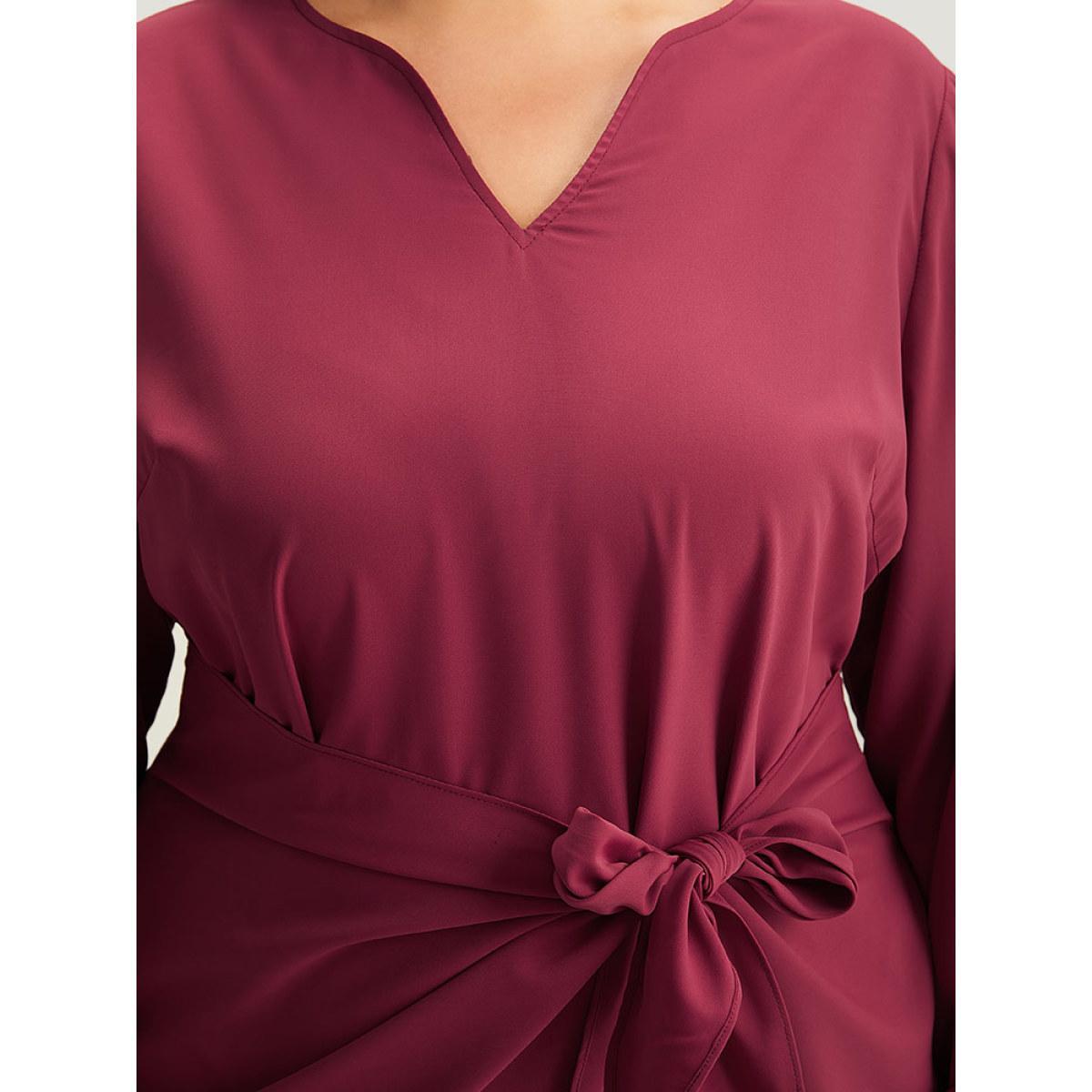 Plus Size Anti-Wrinkle Solid Ties Lantern Sleeve Dress Scarlet Women Office Elastic cuffs Notched collar Long Sleeve Curvy Knee Dress BloomChic 12/L Product Image