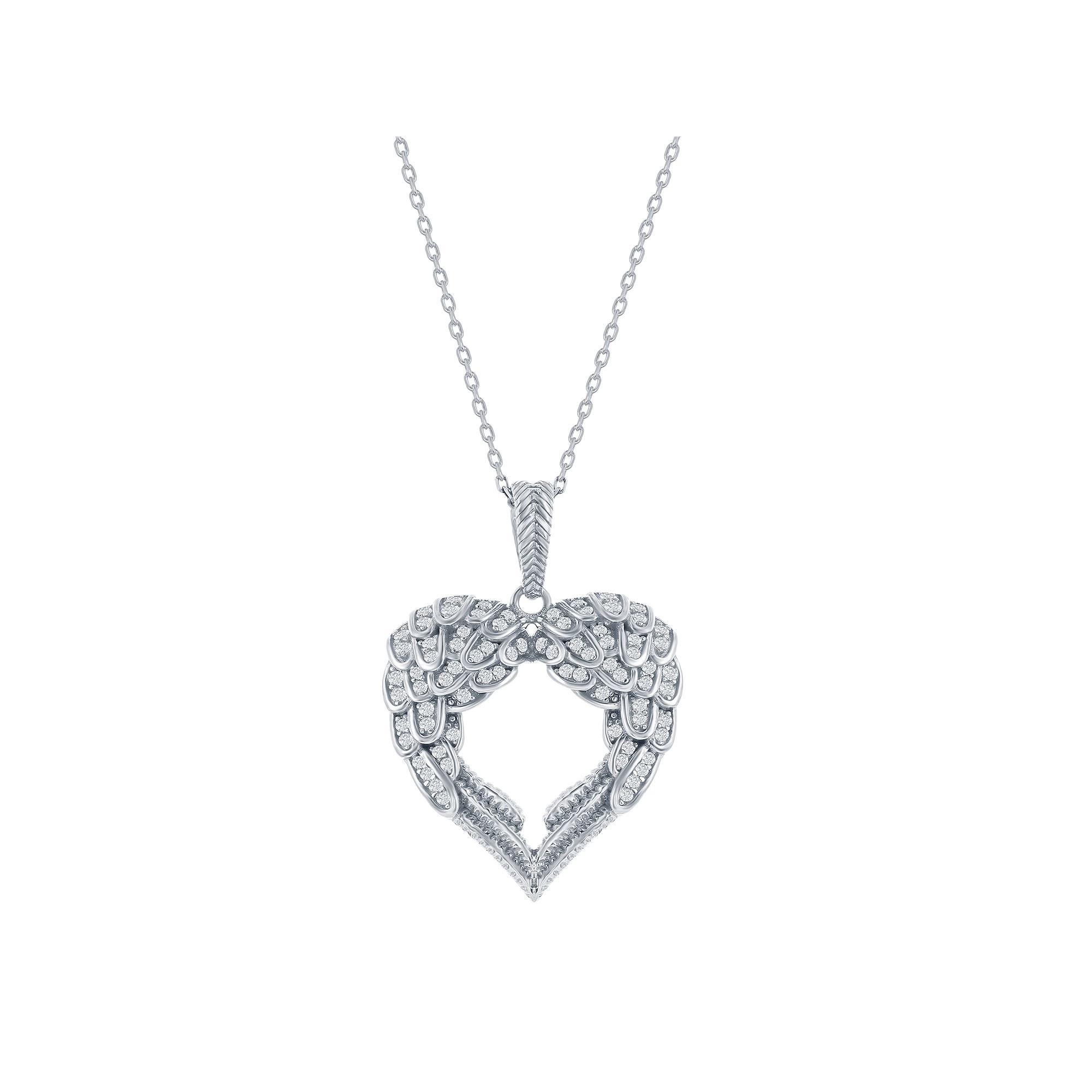Argento Bella Sterling Silver Cubic Zirconia Angel Wings Heart Pendant Necklace, Women's, Size: 18" Product Image