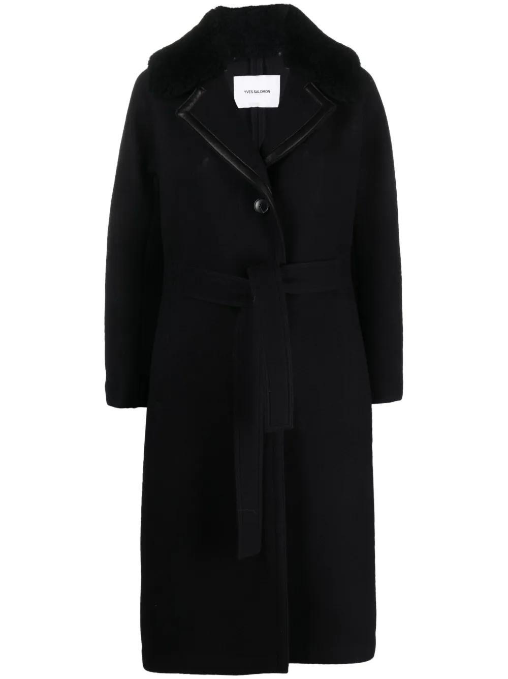 YVES SALOMON Belted Felted-wool Coat In Noir Product Image