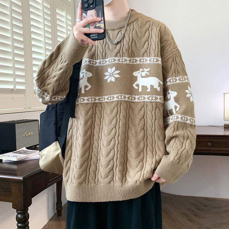 Crew Neck Deer Jacquard Cable Knit Sweater Product Image