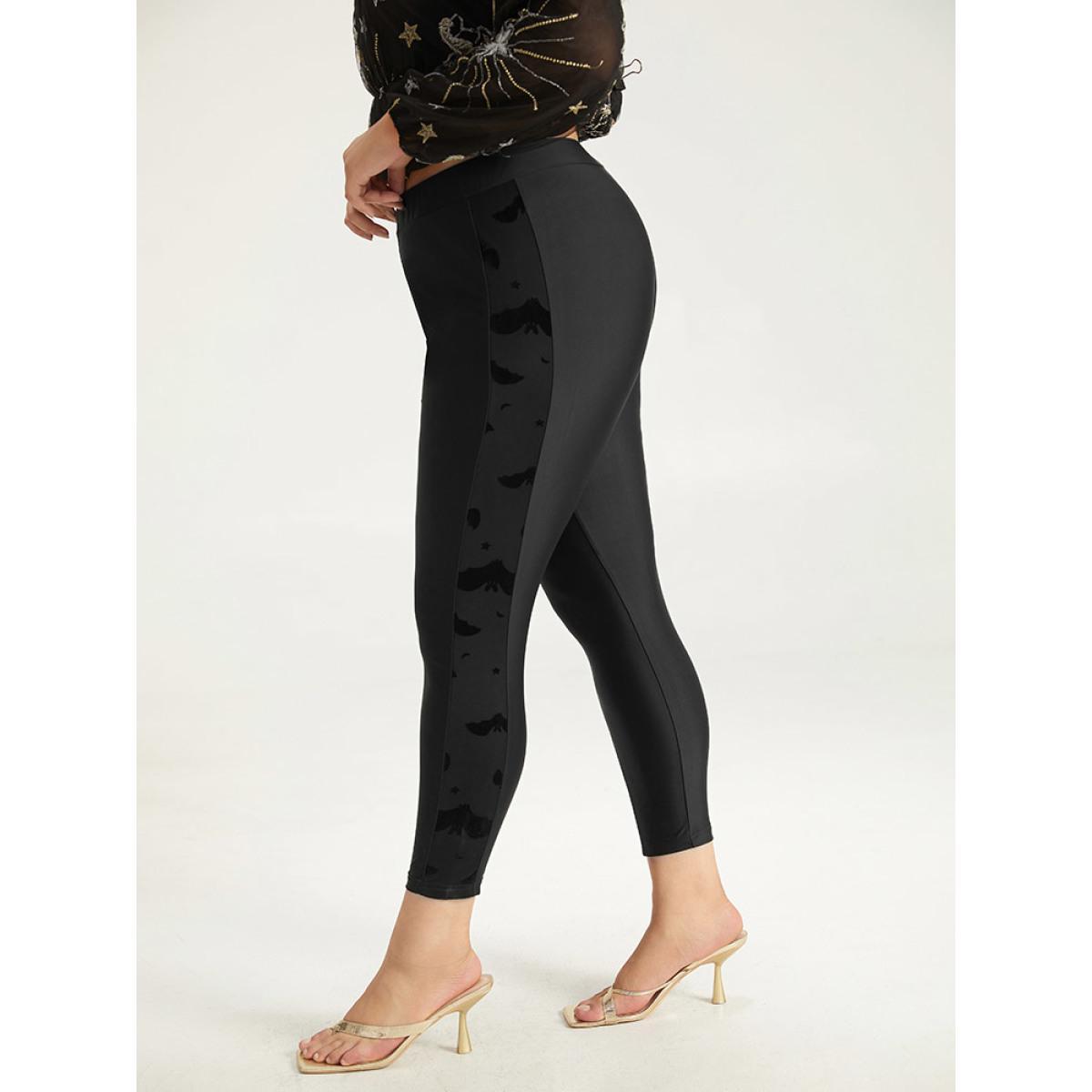 Plus Size Halloween Plain Texture Patchwork Elastic Waist Skinny Leggings Women Black Elegant High stretch Skinny High Rise Festival-Halloween Leggings BloomChic 10/M Product Image