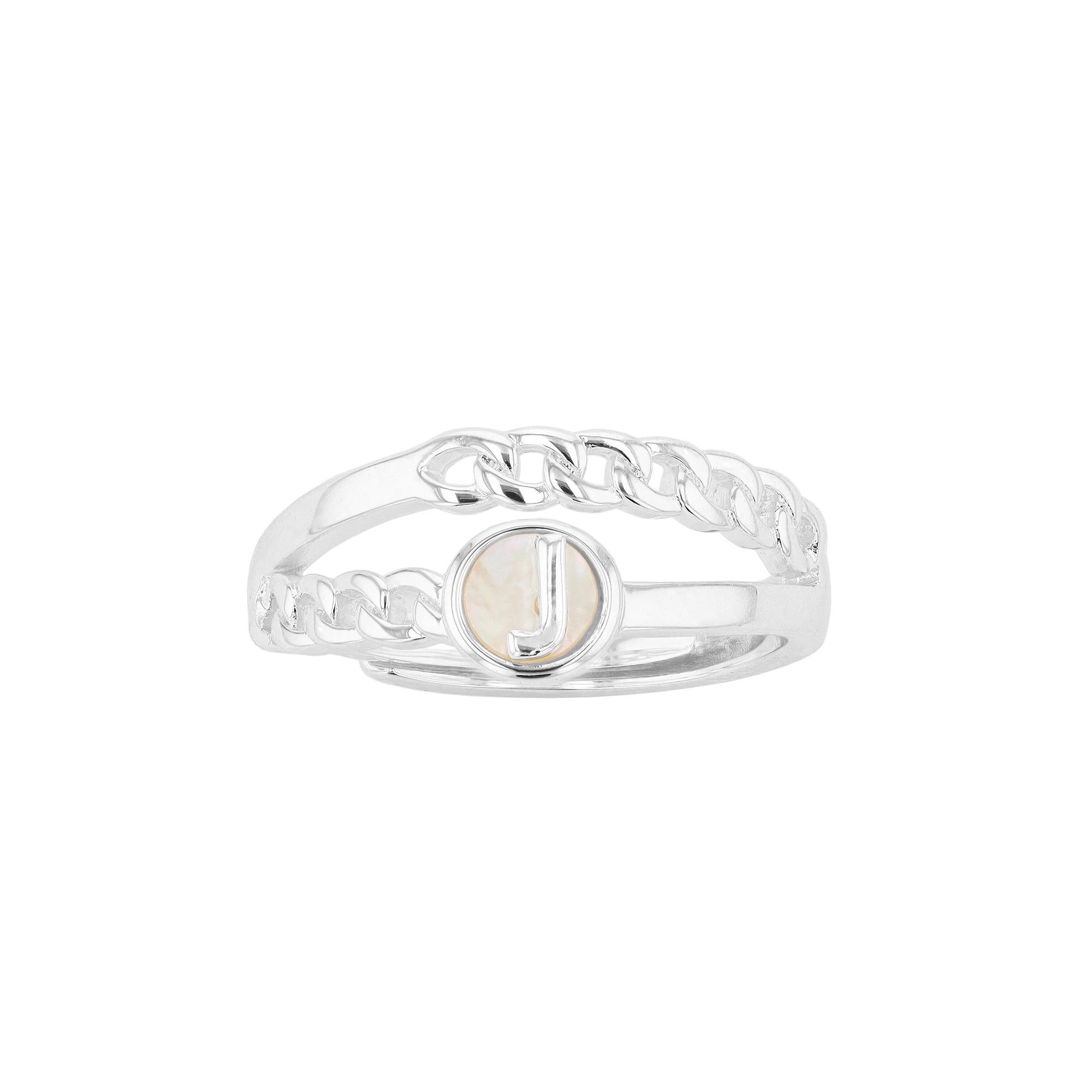 City Luxe Silver Tone Mother-of-Pearl Initial Disk Chain Band Ring, Women's Product Image