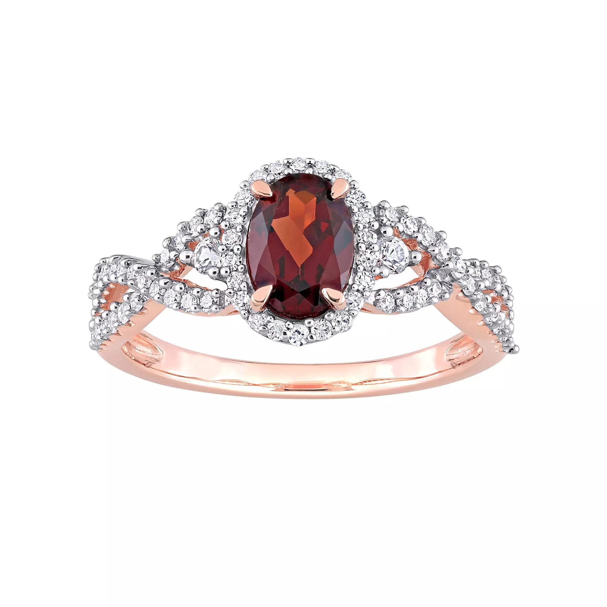 Stella Grace 10k Rose Gold Garnet, White Sapphire & 1/3 Carat T.W. Diamond Halo Twist Ring, Women's, Size: 9.50 Product Image