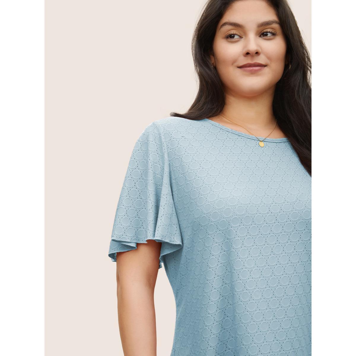 Plus Size Plain Textured Geometric Flutter Sleeve T-shirt LightBlue Women Elegant Texture Plain Round Neck Everyday T-shirts BloomChic 18-20/2X Product Image