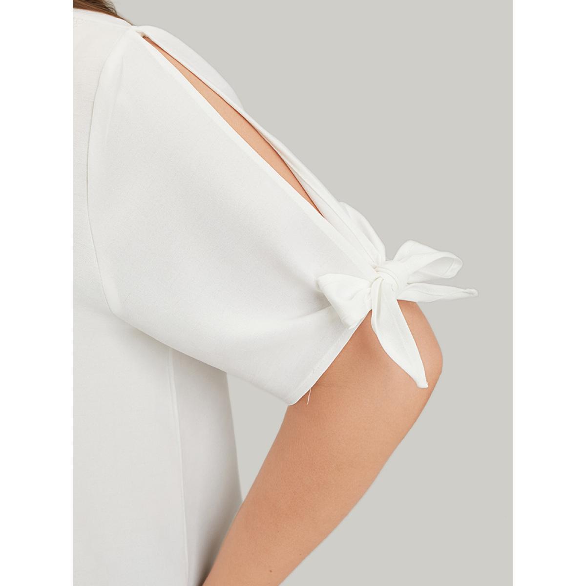 Plus Size Ivory Anti-Wrinkle Plain Lace Cut Out Knot Sleeve Blouse Women Office Short sleeve V-neck Work Blouses BloomChic 22-24/3X Product Image
