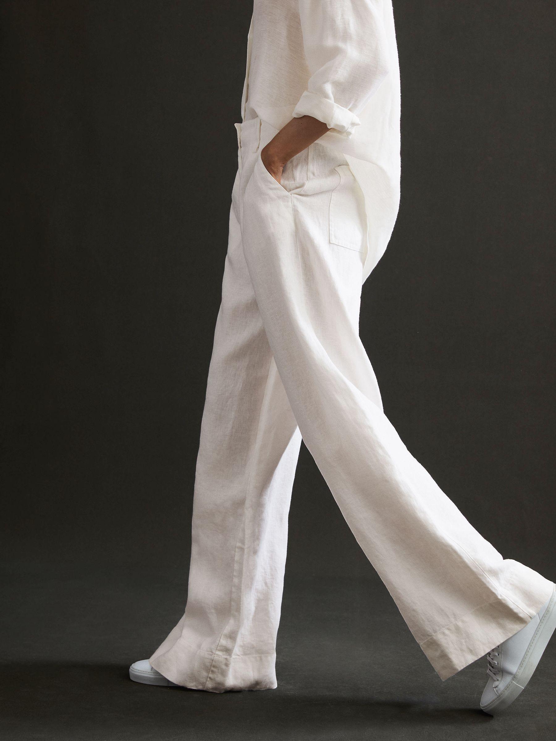 Linen Wide Leg Garment Dyed Trousers in White Product Image