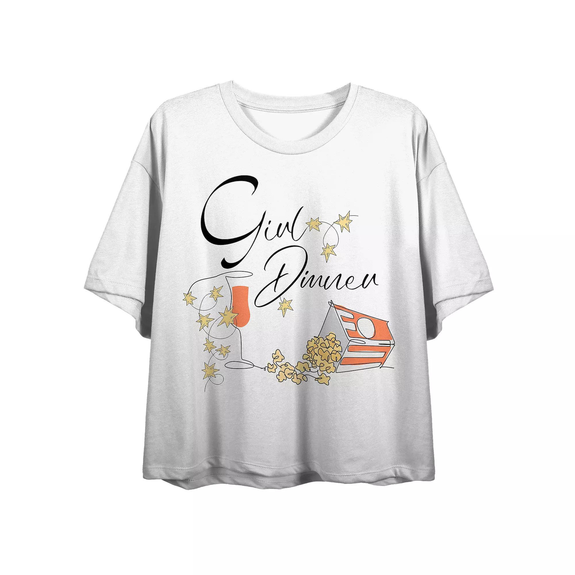 Juniors' Girl Dinner Cursive Popcorn Graphic Tee, Girl's, Size: XS, White Product Image