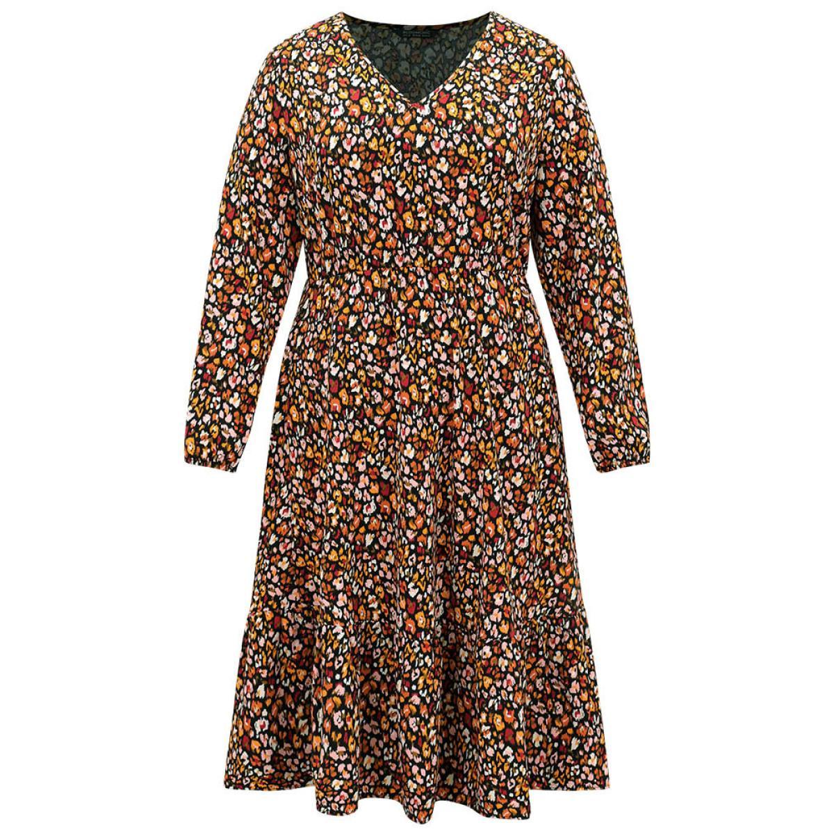Plus Size Ditsy Floral Pocket Lantern Sleeve Ruffle Hem Dress Black Women Casual Elastic cuffs V-neck Long Sleeve Curvy Midi Dress BloomChic 14-16/1X Product Image