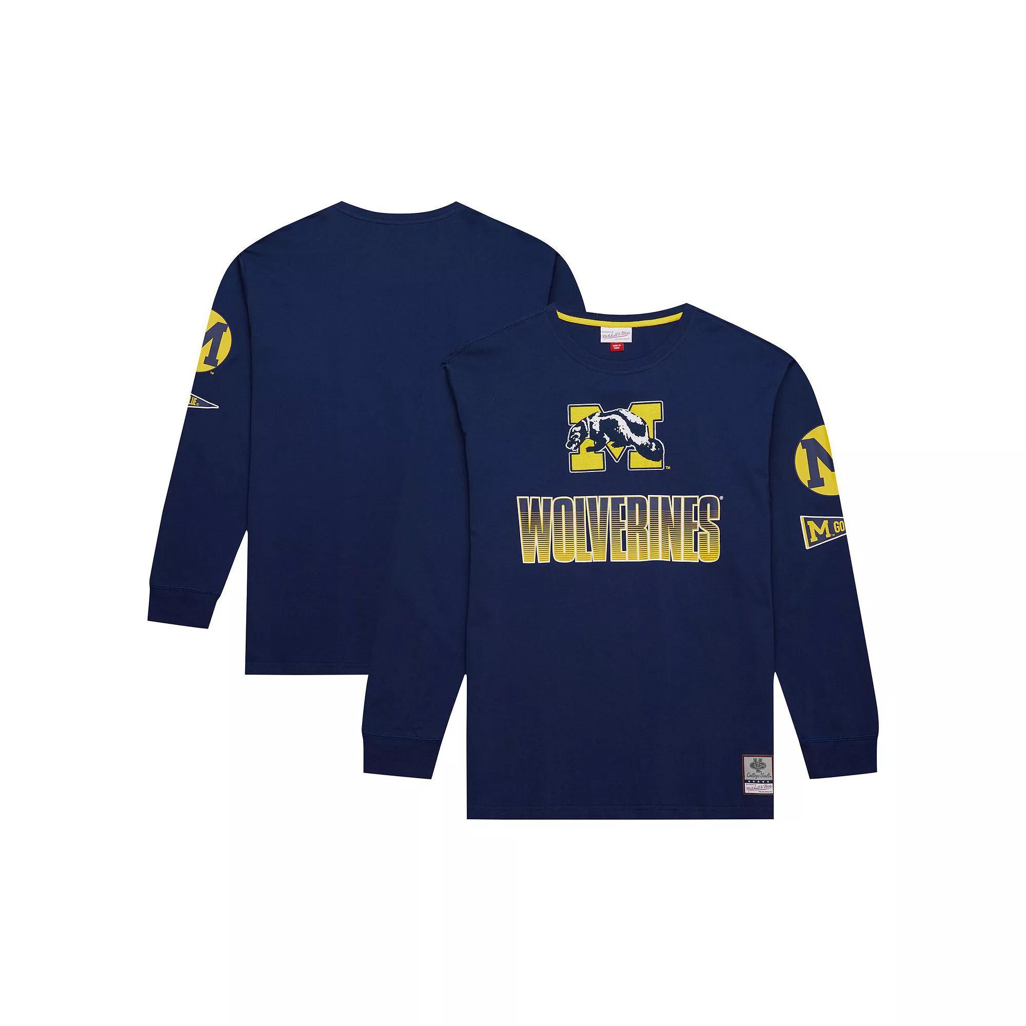 Men's Mitchell & Ness Navy Michigan Wolverines Throwback Allover Long Sleeve T-Shirt, Size: XL, Blue Product Image