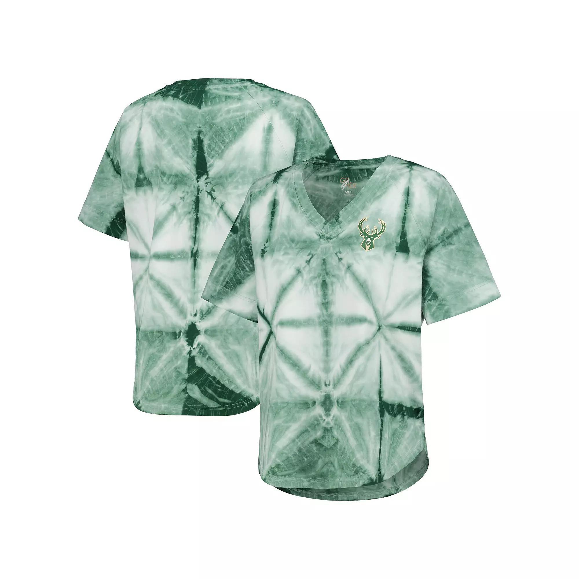 Women's G-III 4Her by Carl Banks Hunter Green Milwaukee Bucks Tournament Raglan Oversized Tie-Dye V-Neck T-Shirt, Size: Medium, Team Product Image