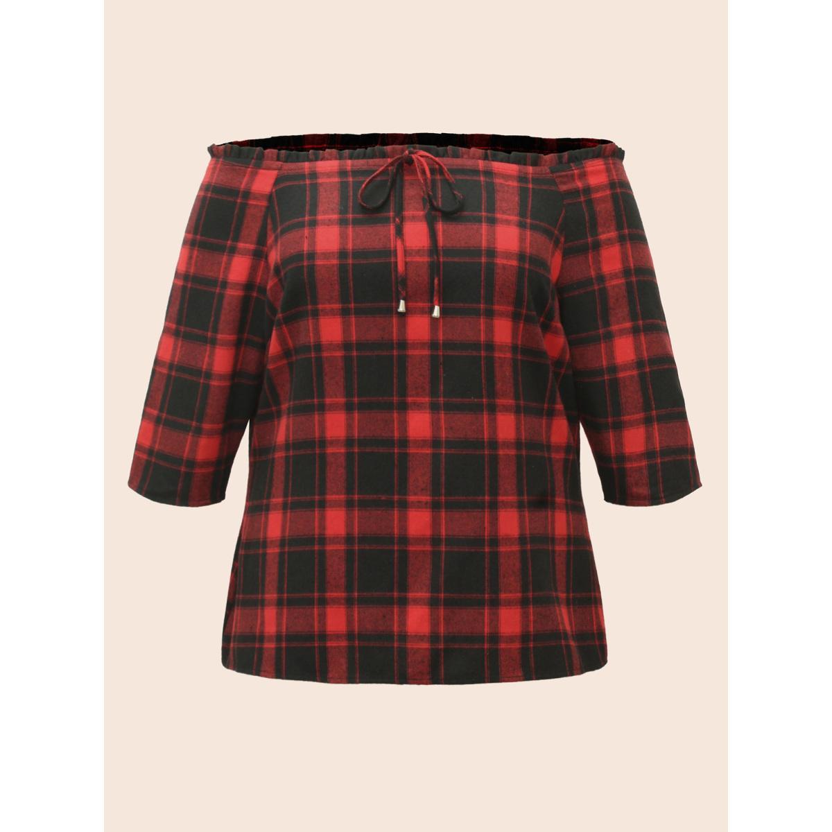 Plus Size Scarlet Mystic Off-Shoulder Slimming Tie Plaid Blouse Women Elegant Elbow-length sleeve One-shoulder neck Everyday Blouses BloomChic 18-20/2X Product Image