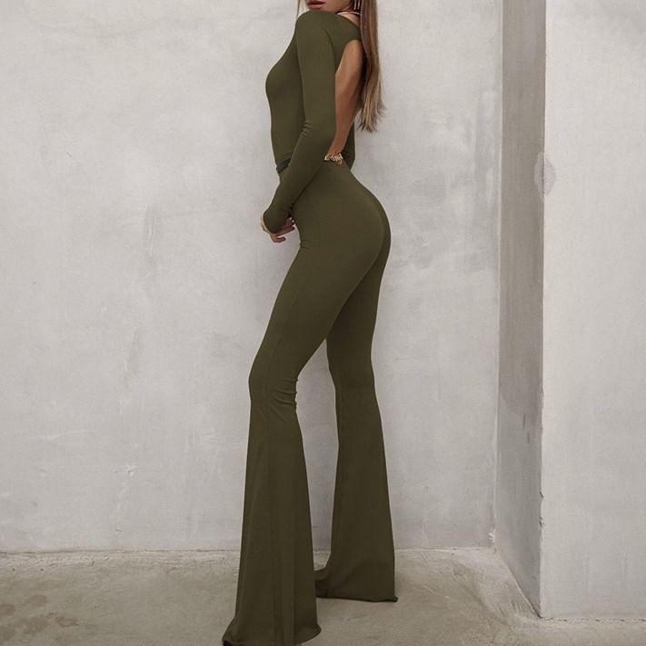 Long-Sleeve Boat Neck Plain Open Back Flared Jumpsuit Product Image