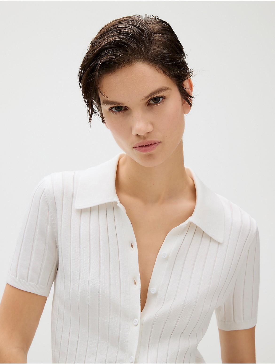Calvin Klein Womens Ribbed Crop Polo Sweater - White Product Image