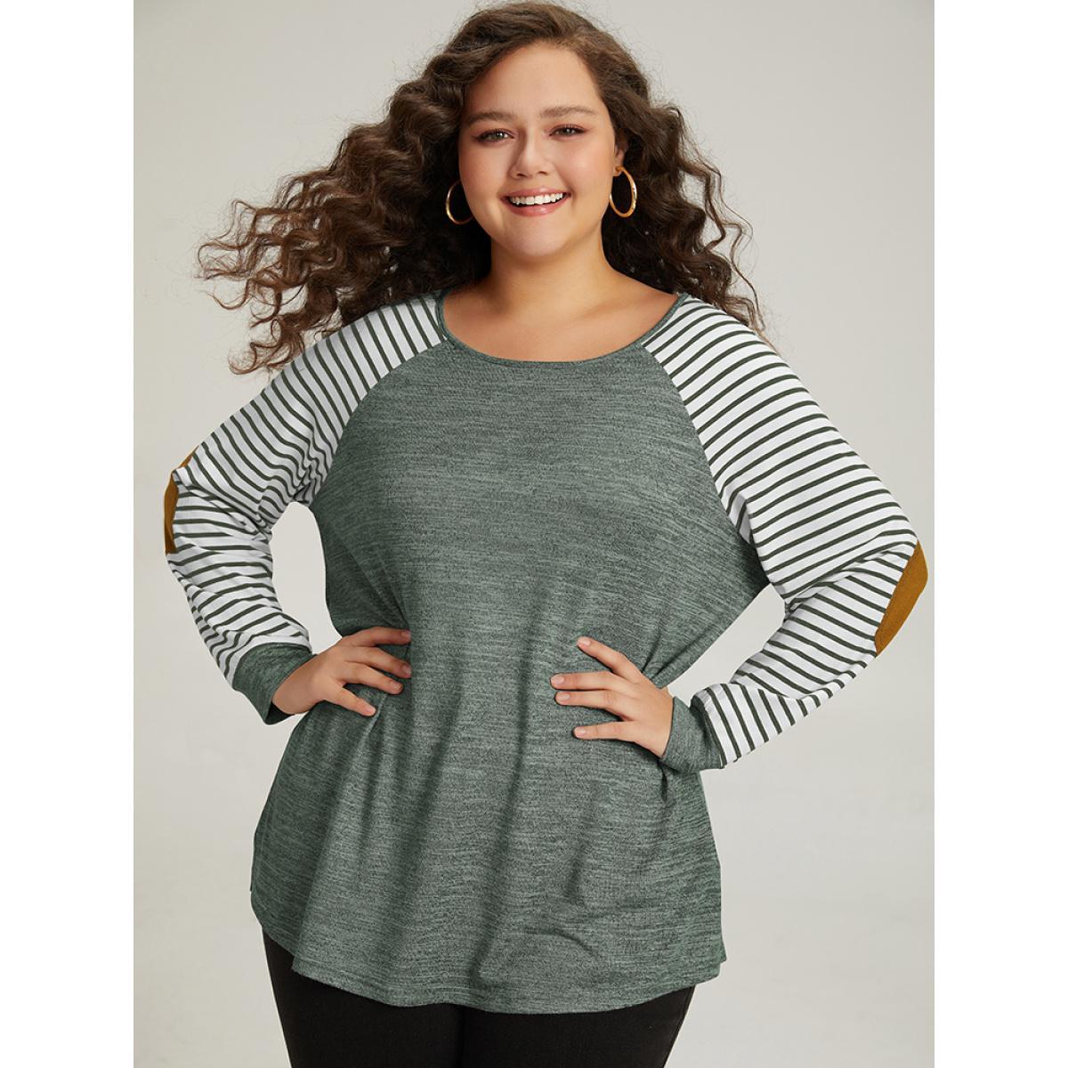 Plus Size Striped Raglan Sleeve Patched Split Side T-shirt Green Women Casual Contrast Striped Round Neck Dailywear T-shirts BloomChic 14-16/1X Product Image