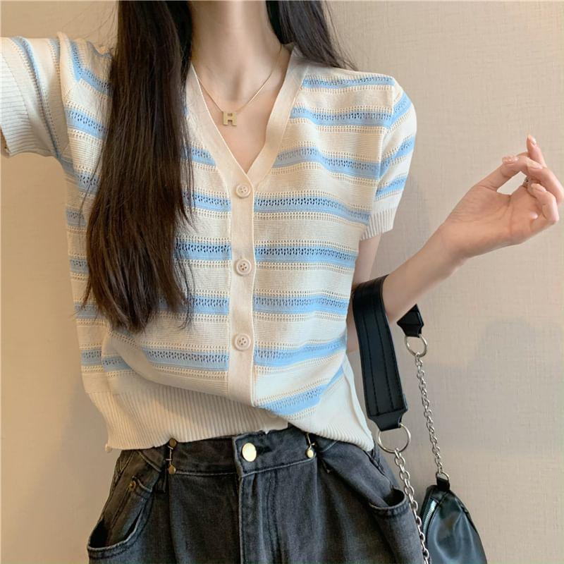 Short-Sleeve V-Neck Striped Cardigan Product Image