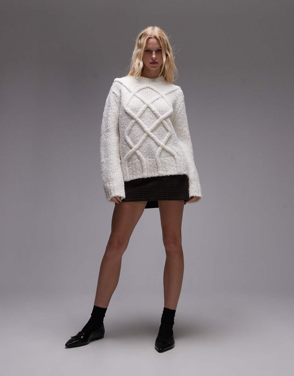 Topshop knitted premium pretzel cable oversized sweater in ivory Product Image