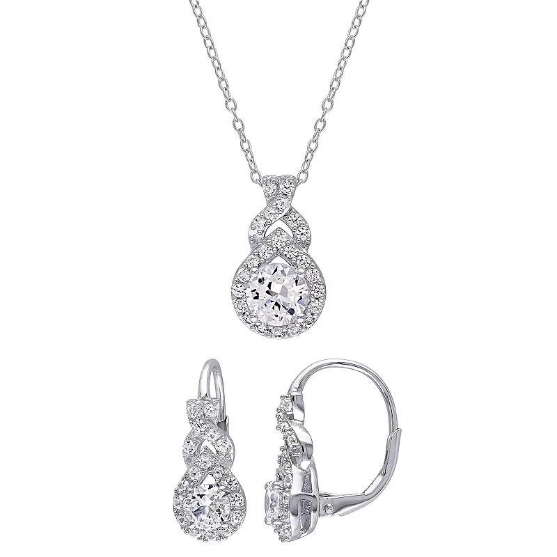 Stella Grace Sterling Silver Lab-Created White Sapphire Halo Pendant Necklace & Earring Set, Women's, Size: 18" Product Image