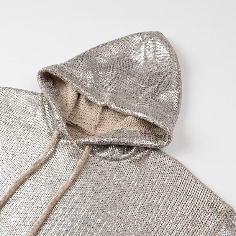 Metallic Drawstring Knit Hoodie Product Image