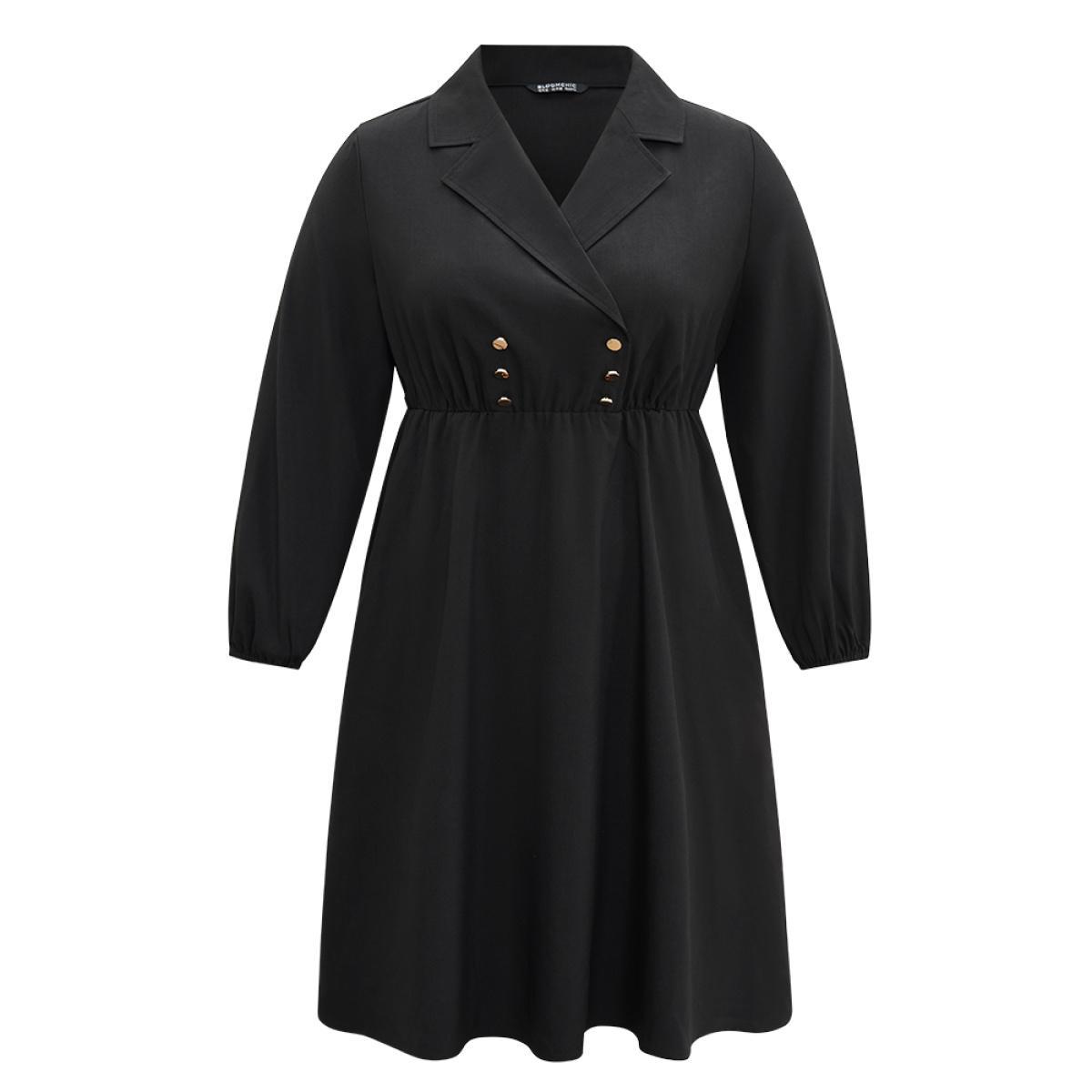 Plus Size Static-Free Suit Collar Button Detail Elastic Waist Dress Black Women At the Office Elastic cuffs Suit Collar Long Sleeve Curvy Midi Dress BloomChic 14-16/1X Product Image